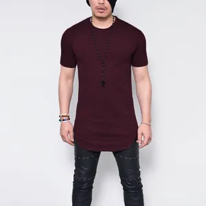 Detailed look at the slim fit burgundy slub cotton men's t-shirt featuring a curved hemline