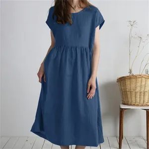 Loose short sleeve cotton linen midi dress with round neck and pleated waist in navy blue.