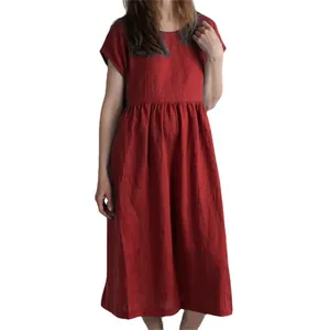 Elegant red short sleeve round neck cotton linen pleated loose casual midi dress for women