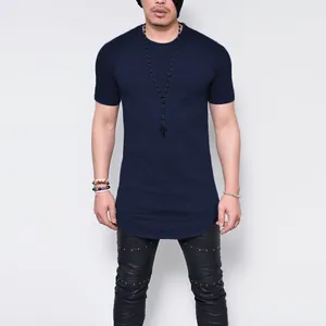 Detail view of navy blue slub cotton slim fit men's T-shirt with stylish curved hem
