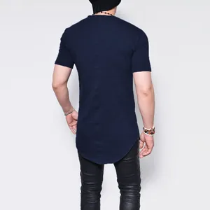 Back view of navy blue slub cotton men's slim fit longline T-shirt with curved hemline