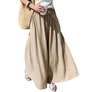 Stylish women's beige linen wide-leg pants for summer, high-waisted casual design