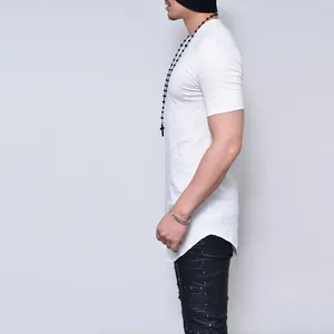 Side profile detail of a men's white slim-fit slub cotton T-shirt with curved hem design