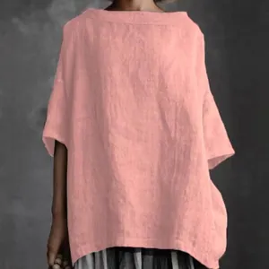 Lockeres Damen T-Shirt aus Baumwollleinen in Uni Rosa mit Rundhalsausschnitt für den Sommer.