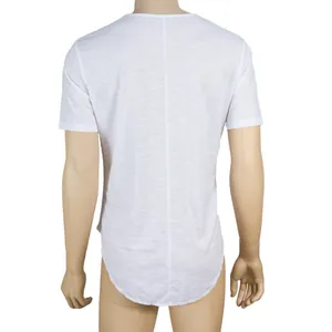 Rear view of white slim fit slub cotton t-shirt for men with curved longline hem