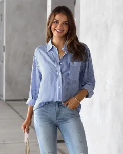 Casual blue and white vertical striped long-sleeve shirt with front pocket for women