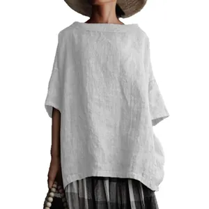 Minimalistisches weißes Baumwoll-Leinen-T-Shirt für Damen, locker geschnitten im Sommer