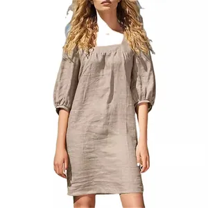 Robe courte décontractée en coton et lin à col carré français et manches bouffantes