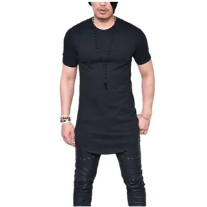 Men's stylish slim fit black crew neck slub cotton longline short sleeve t-shirt