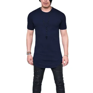 Men's slim-fit round neck slub cotton t-shirt with a long curved hemline