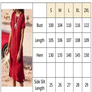 Detailed size guide for women's casual red short sleeve round neck side slit maxi dress