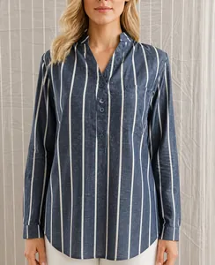 Detailed macro view of women's blue vertical striped long-sleeved blouse with V-neckline