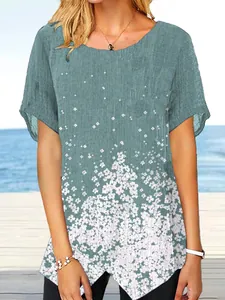 Camiseta de algodón y lino para mujer con estampado floral, cuello redondo y abertura
