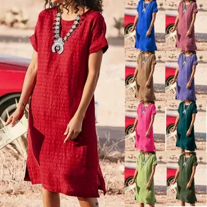 Casual round neck short sleeve midi dress with side slit and crinkle texture design