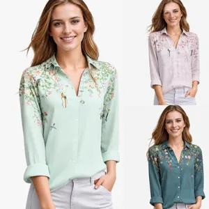 Dames Elegante Bloemen Vogel Print Revers Lange Mouw Overhemd Casual Katoenmix Woon-werkverkeer Blouse Top
