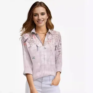 Elegante damesblouse met bloemen- en landschapsprint, revers en lange mouwen chic