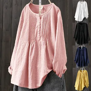 Detailed view of women's pleated cotton linen blouse in pink with multiple color variants