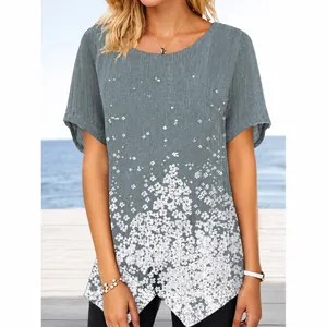 Camiseta de Poliéster Bordada Vintage para Mujer Cuello Redondo Manga Corta Top con Abertura Patrón Floral Camisa Casual de Verano