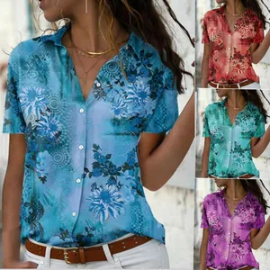 Floral print short-sleeved women's lapel shirt shown in multiple vibrant color options