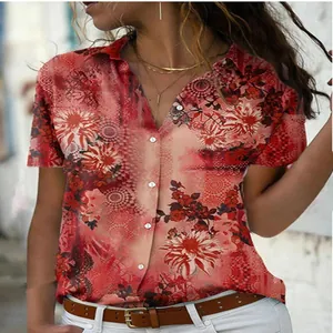 Detailed view of women's short-sleeve shirt with vintage red floral print and lapel collar