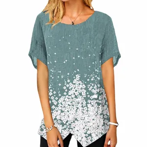 Camiseta de verano informal para mujer en algodón y lino con estampado floral y abertura