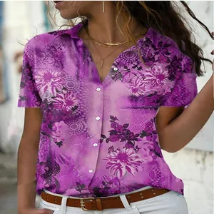 Macro view of women's vibrant purple floral print short sleeve slim fit lapel shirt