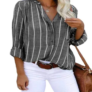Elegant women's grey and white vertical striped long sleeve casual V-neck button shirt