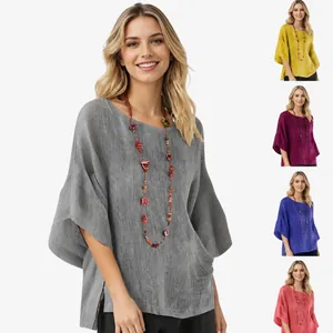 Top da Donna Casual in Cotone e Lino Tinta Unita Girocollo Maniche a Tre Quarti Camicetta Larga Comoda Traspirante Top Primaverile