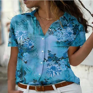 Close-up of blue floral short-sleeved shirt with lapel and button details for women.