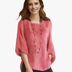 Top casual in cotone e lino rosa con scollo rotondo e maniche a 3/4 per donna alla moda