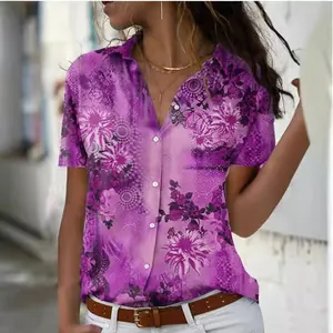Women's slim fit short sleeve shirt with vibrant purple floral print and button-down collar