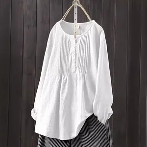 Elegant loose white cotton linen pleated blouse with round neck for casual wear