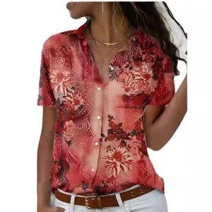 Elegant women's floral print short sleeve slim fit shirt with lapel collar fashion