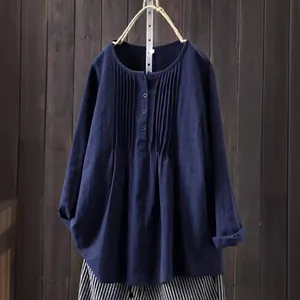 Loose navy blue cotton linen pullover blouse with pleated front and round neck