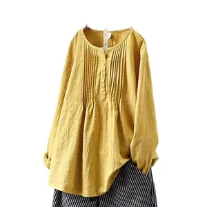 Vintage loose slub linen cotton long sleeve blouse with pleated front and round neck