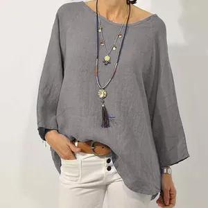 Camicetta ampia in cotone e lino grigio con scollo a barca e maniche a raglan tre quarti donna