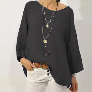 Camicetta casual da donna in cotone e lino con scollo rotondo e maniche raglan
