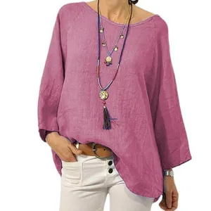 Camicetta casual da donna in cotone e lino tinta unita con scollo tondo e maniche 3/4