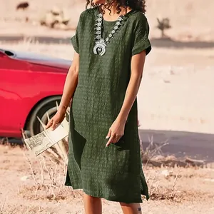 Elegant casual dark green crew neck short sleeve midi dress with side slits for women