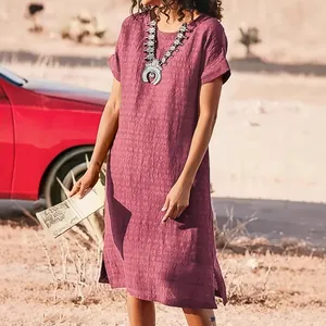 Casual mauve short-sleeved midi dress with side slits and textured linen fabric