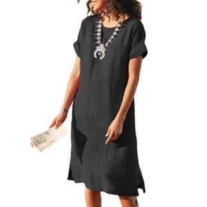 Elegant black short sleeve midi dress with side slits and crew neck for women's casual wear
