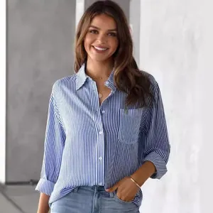Women Striped Long Sleeve Shirt Oversized Casual Top With Button Down Pocket Professional Blouse Polyester Acetate Blend