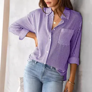 Casual women's long sleeve button-down shirt with purple and white vertical stripes.