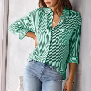 Professional women's green striped long sleeve shirt, casual loose fit button-down blouse