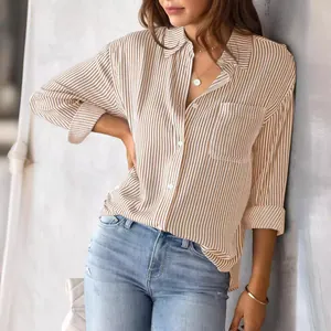 Classic women's khaki and white striped long-sleeve loose casual button-down shirt