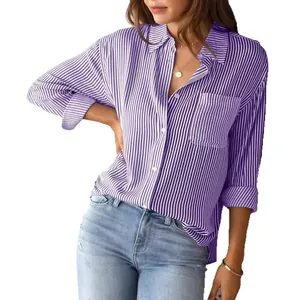 Elegant purple and white striped long sleeve button-up shirt for women loose casual office blouse