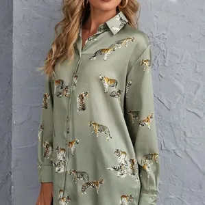 Long-sleeve collared button-down shirt with vintage tiger print pattern in sage green