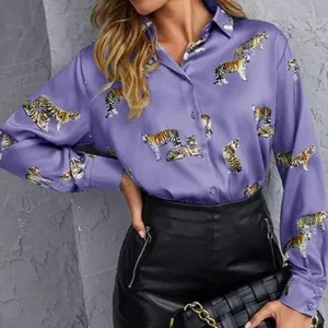 Stilish women's long sleeve lapel button-up blouse with realistic tiger print in purple