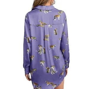 Back view of a purple long-sleeved silk shirt for women with detailed tiger print patterns