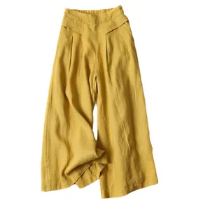 Gele linnen culottes met wijde pijpen, hoge elastische taille en een ontspannen losse pasvorm